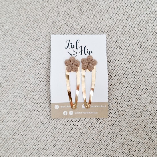 Haarspeldsetje van 2 | Groot | Wolbloemetje bruin