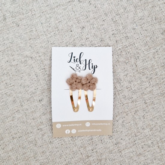 Haarspeldsetje van 2 | Middel | Wolbloemtje bruin